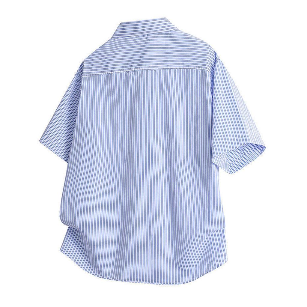 Men's Summer Short Sleeve Striped Shirt Casual Button Pocket Shirt Tops