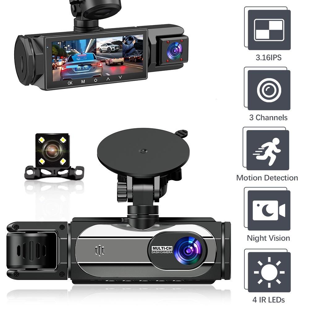 Dash Cam 3 Channel Car Black Box WiFi DVR HD 1080P Video Front Built-in and Rear Camera W/IR Night Vision Car Accessories