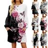 Модное женское осеннее повседневное свободное платье с цветочным принтом и длинным рукавом