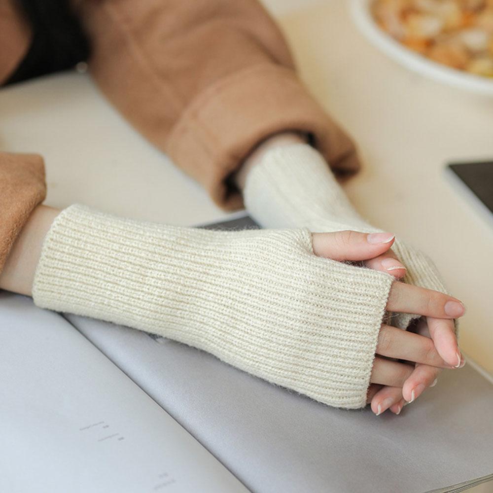 1 Pair Autumn Winter Short Arm Sleeves Half Finger Gloves For Women Solid Color Knitted Fingerless Gloves Hand Warmer Mittens