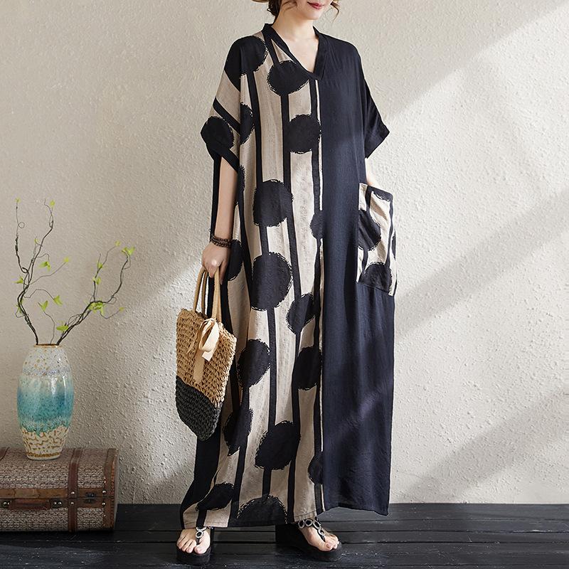 Женское летнее тонкое платье с V-образным вырезом и коротким рукавом в стиле пэчворк, длинное