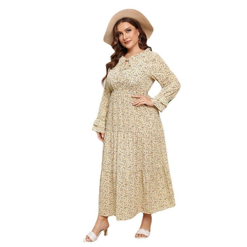 Весенне-осеннее женское платье больших размеров с цветочным принтом, платье супер феи с круглым вырезом и рукавами-лепестками, свежие милые длинные платья