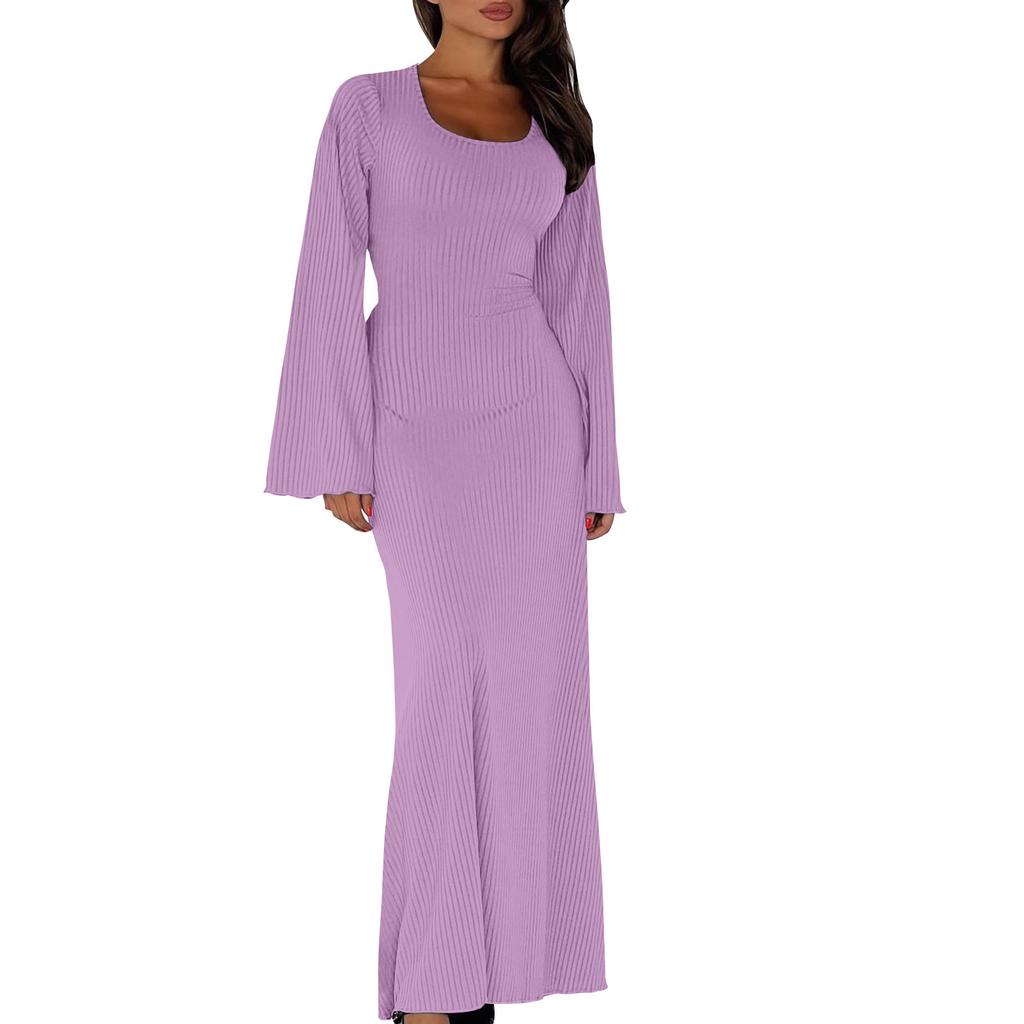 Женское элегантное трикотажное платье с завязкой на талии, платье макси с роговыми рукавами для женщин, однотонное длинное платье с U-образным вырезом, облегающее осеннее платье в рубчик