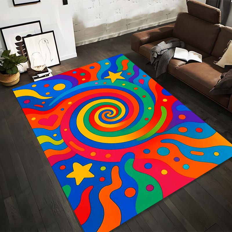 Colorful Spiral Pattern Carpet with Stars, Hearts, and Vibrant Design Suitable for use as an anti-slip for living room bedroom sofas