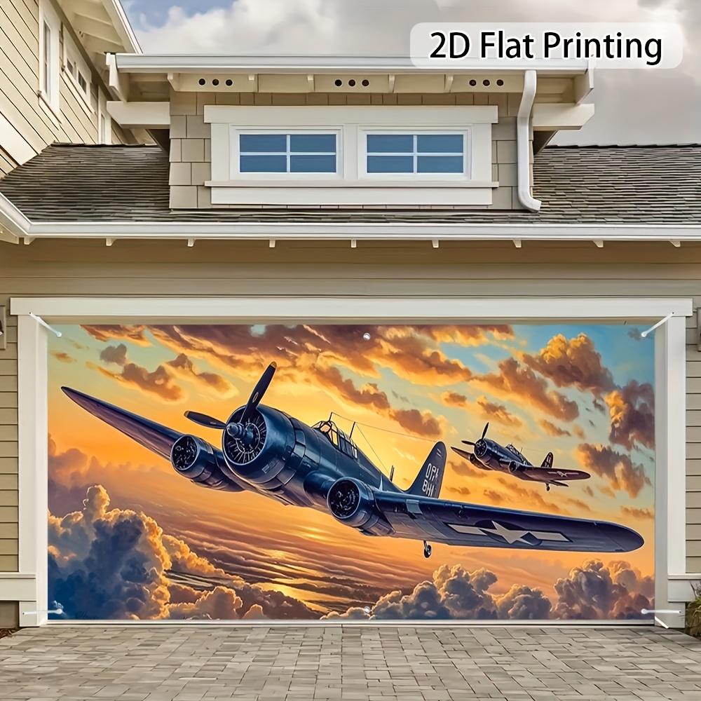 One 2D flat banner of a garage door flying under the setting sun, suitable for seasonal outdoor decorationDJH