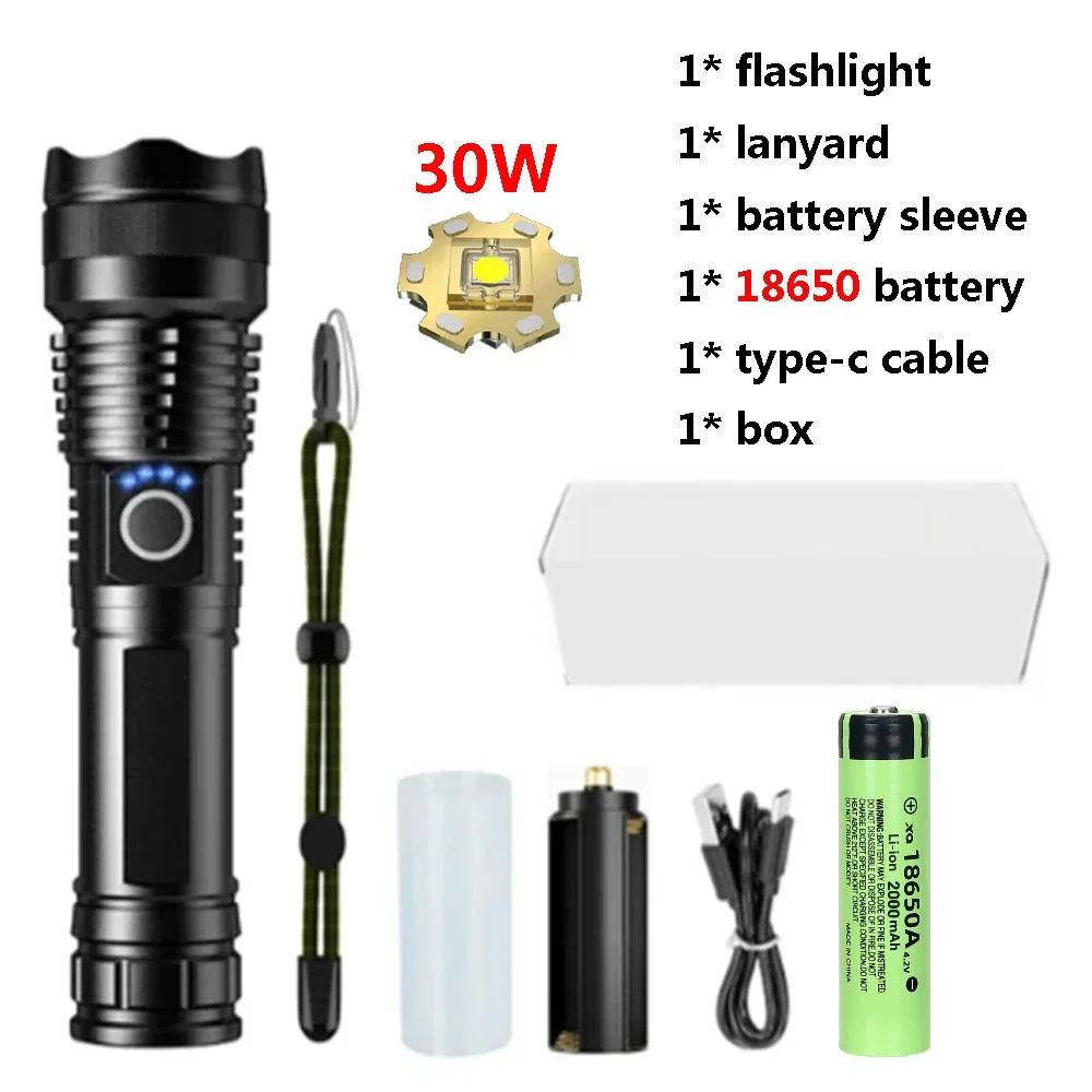 10000LM 30W Portable LED Flashlights USB Rechargeable Light High Power Tactical Modes Torch Waterproof Outdoor Camping Emergency