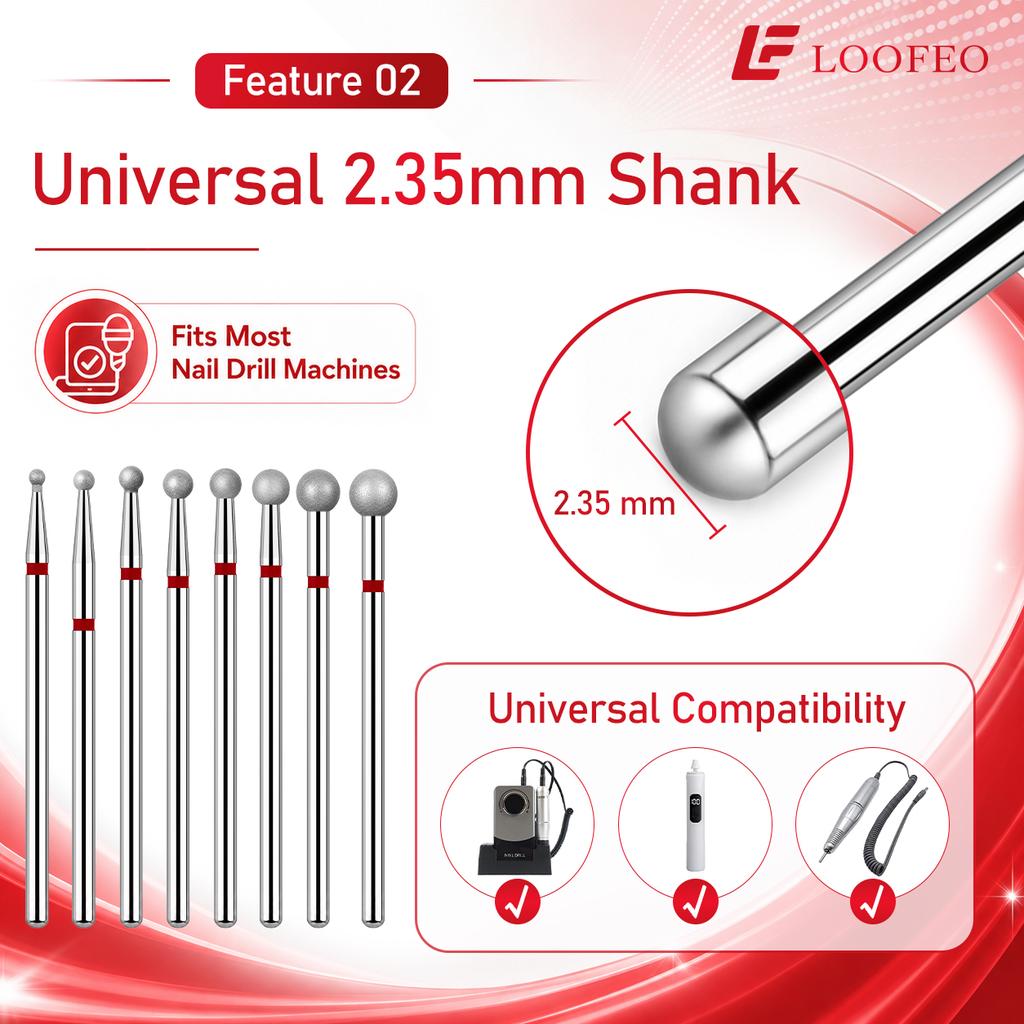 Ball Diamond Nail Drill Bit Set 1.5/2/2.5/3/3.5/4/4.5/5mm Red Fine Nail Milling Cutters Nail File Bit Sets Nail Prep Dead Skin Removal Shaping