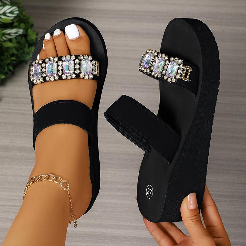Shiny Rhinestone Wedge Sandals for Women Summer Fashion Black Platform Slippers Woman Plus Size Thick Sole Non Slip Beach Slides