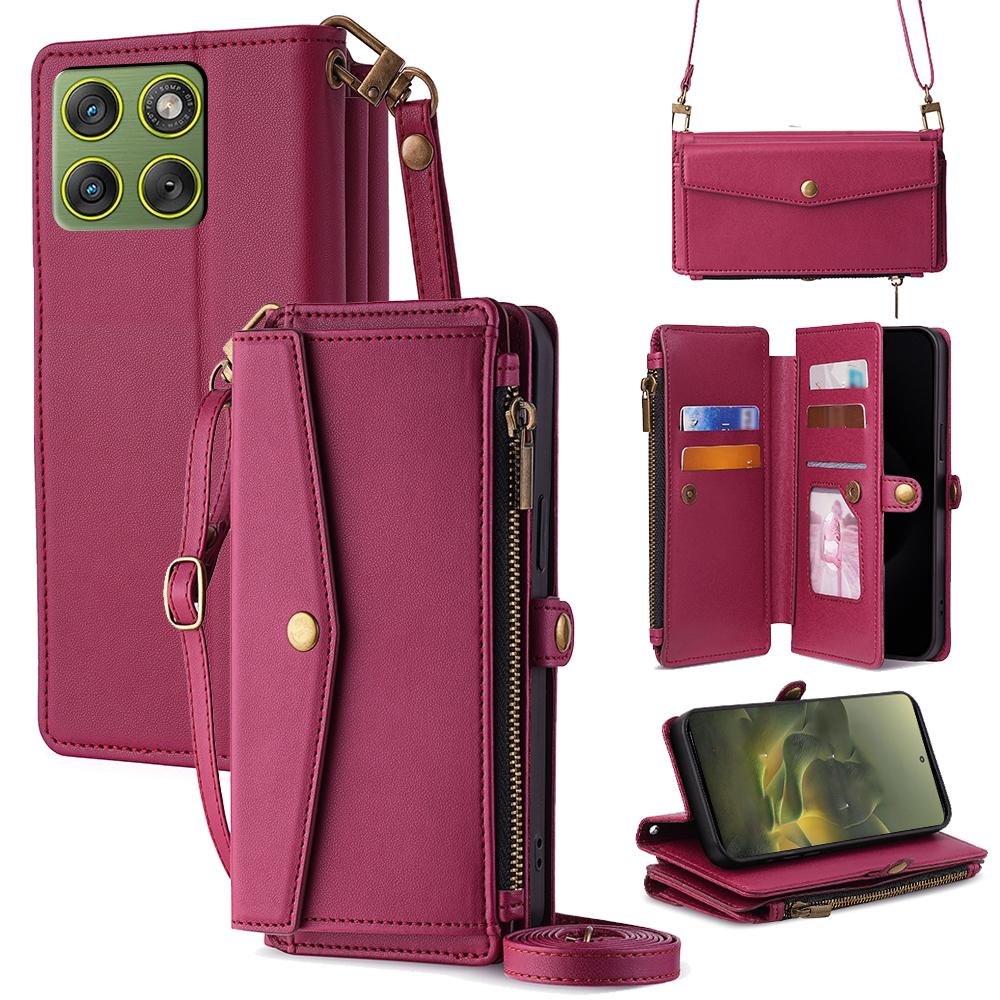 Чехол для Motorola Edge 70 5G с отделениями для карт, кошельком на молнии, из ПУ-кожи, с плечевым ремнем