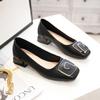 Fashion Elegant Ladies Office Dress Shoes Cow Leather Pumps Woman Medium High Heel Mary Janes Metal Button Loafers Femme Square Toe Shoe