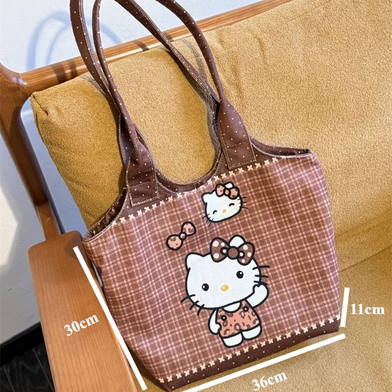 New plaid cartoon cat canvas bag large capacity versatile commuting Shoulder bag kawaii Tote Bags Anime Cat Shoulder Handbags