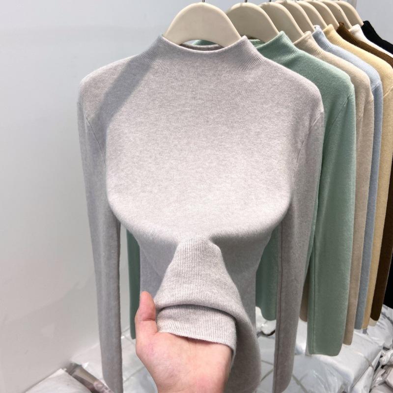 Утепленный теплый флисовый вязаный свитер с полувысоким воротником, женская весенняя мягкая восковая базовая рубашка, однотонный топ