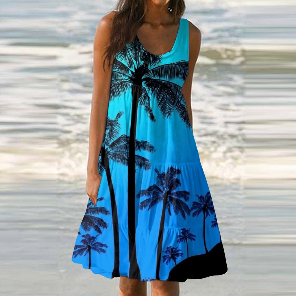 Women's Summer Fashion Sleeveless Printed Loose Splicing Casual Beach Dress