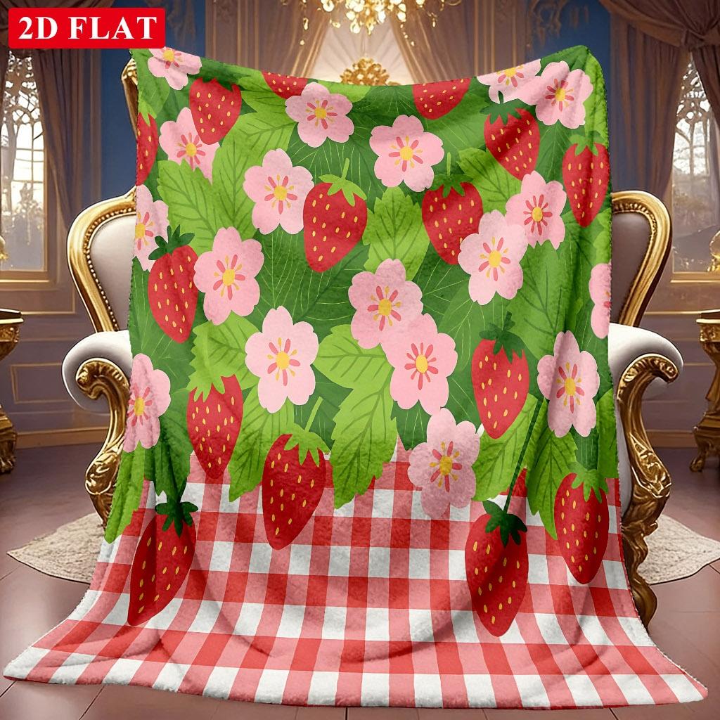 A 2D Flannel Blanket Featuring a Strawberry and Floral Pattern with a Plaid Fabric Theme, Soft High-definition Digital Printing, a Cooling Blanket Sui