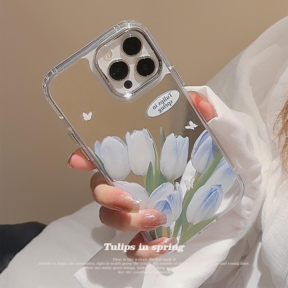 Temperament Gentle Blue Tulip IPhone16 Suitable for 14promax Apple 15 Mobile Phone Case Flower Makeup Mirror 11 Hard