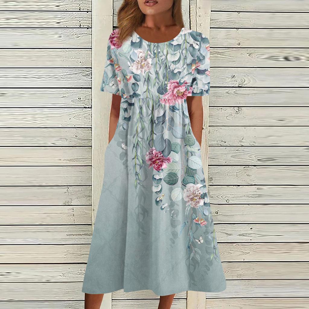 Women's Casual Dresses Printed Dresses Summer Dresses Printed Pleated Round Neck Midi Dresses Basic Classic Outdoor Daily Short Sleeve Loose Dresses