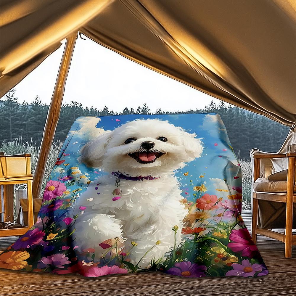 1pc Fluffy White Dog Outdoor Blanket - Lightweight Flannel Throw For Travel, Camping, Livingroom, Couch, Chair yy251114231