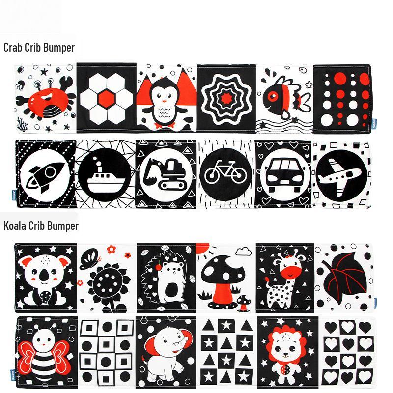 Черно-белая книжка-бампер для детской кроватки: Дизайн с мультяшным животным, Игрушка для прорезывания зубов, Защита от пинания, Подвесной аксессуар для младенца