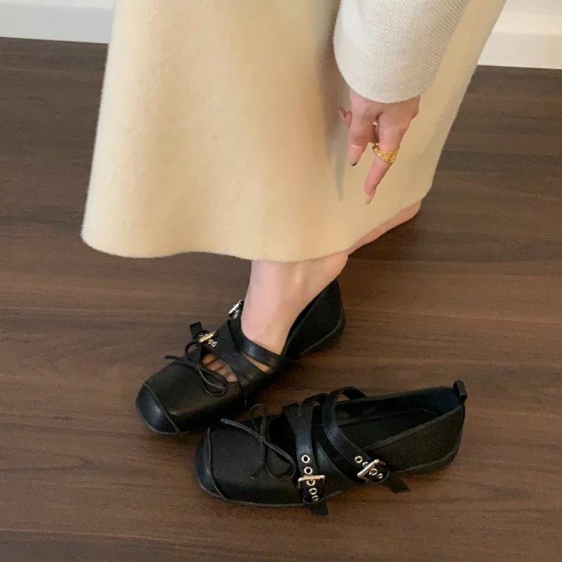 2005 New Fashion Flat Bottom Spring Square Toe Women Mary Jane Fashion Cross Buckle Ladies Casual Dress Ballet Flats Shoes