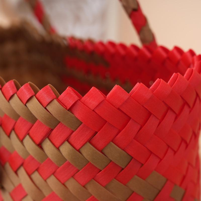 New Red and Gold Woven Handbag Xipu Gift Bag Mid-Autumn Festival Gift Plastic Woven Small Basket Beach Bag