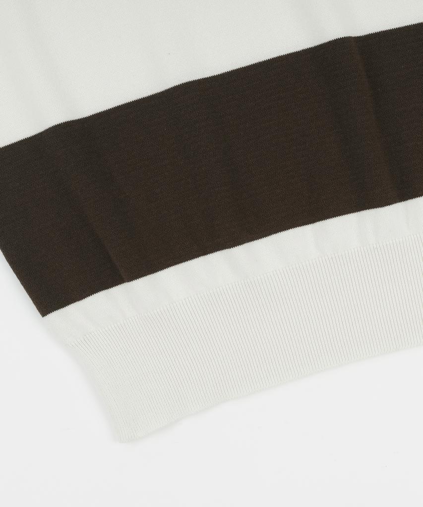 BELLIEF Essential Hard Twist Cotton Short Sleeve Striped Knit (Ivory/Brown)