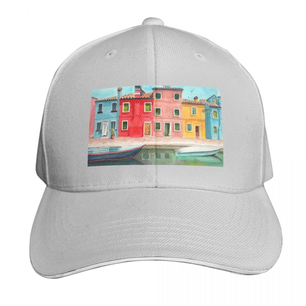 Watercolor Burano quarter in Venice Baseball Cap fashionable Fashion Beach fishing hat Sunscreen Unisexs Womens