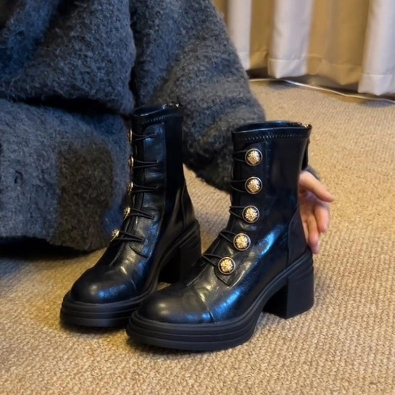Cowhide version~ High-heeled versatile platform-soled Martin boots wobadge metal buckle leather rear zipper elastic thin boots tide.