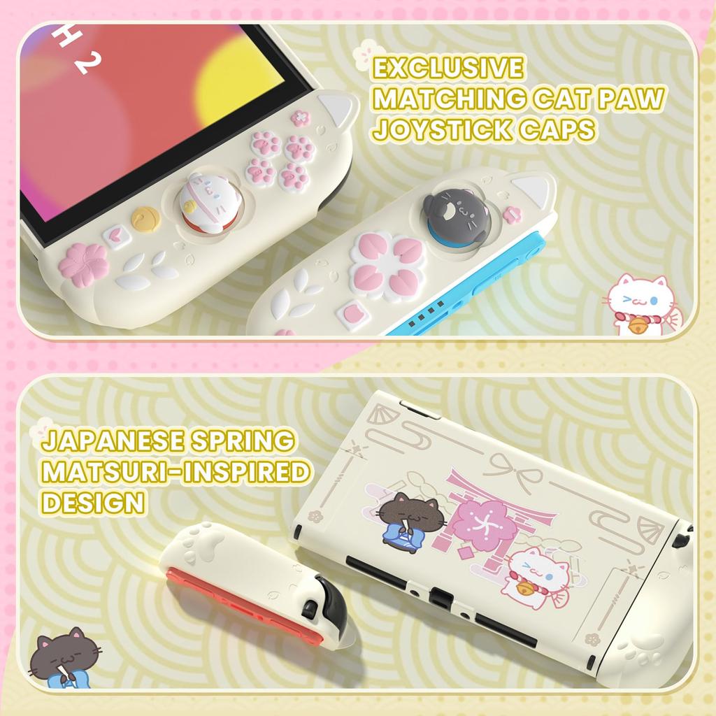 PlayVital Protective Cover Set for Switch Compatible with Switch 2 Includes Cat Ears Paw Silicone PC Adjustable Stand Japanese Sakura Kitten Design 2,