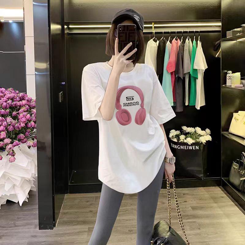 Summer New Niche Black Mid-length Curved T-shirt Women's Loose Top Cartoon Printed Short-sleeved Early Spring
