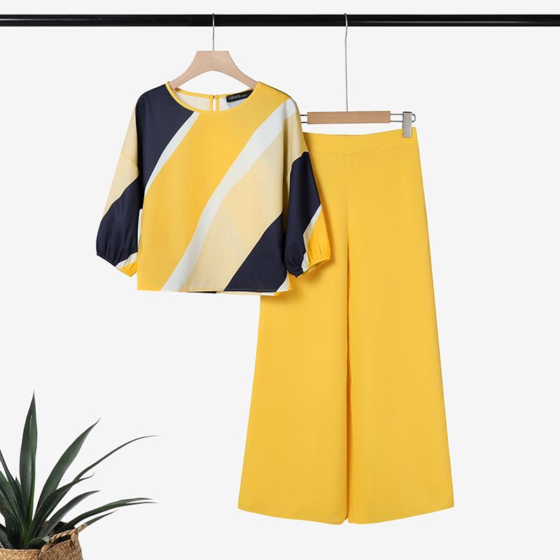 ZANZEA Женские повседневные комплекты из блузки и брюк с принтом из двух предметов