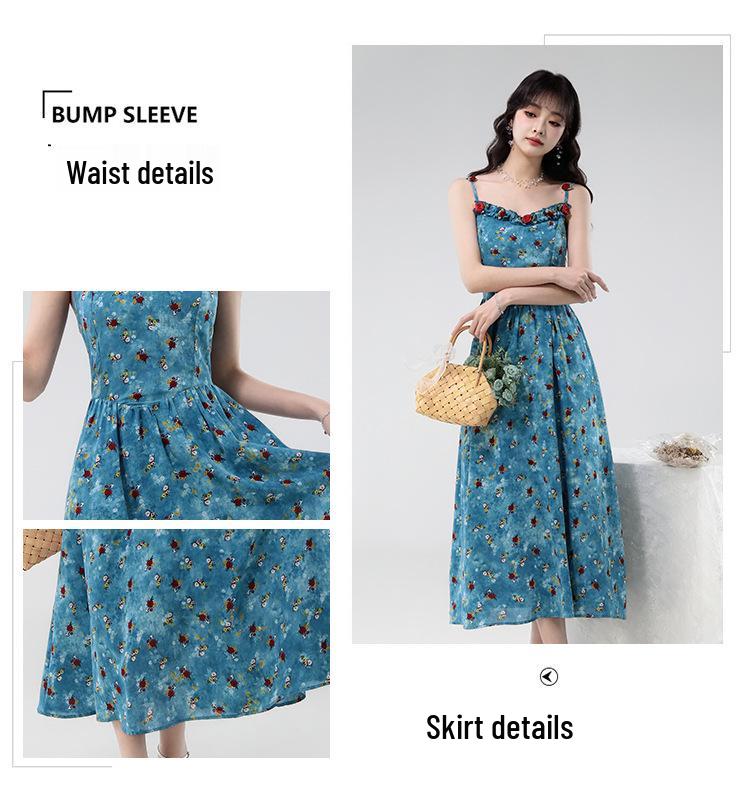 Women's Blue Floral French Style Slimming Summer Dress with Waist-Cinching Design