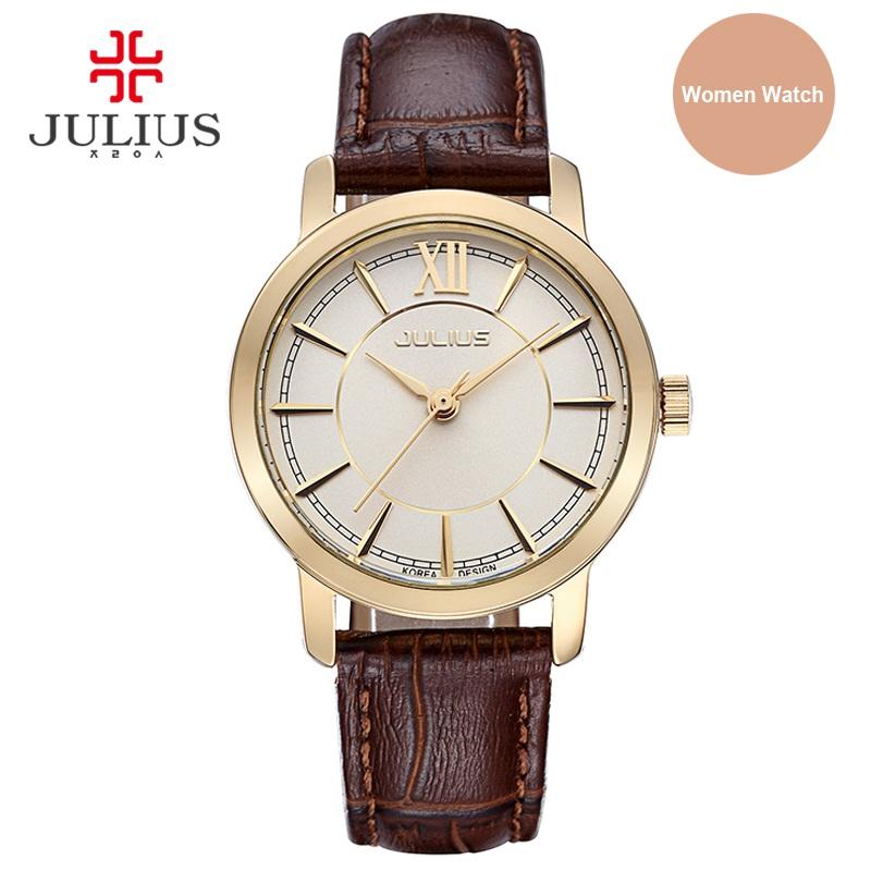 Julius Watch Woman Elegant Round Case Leather Strap Simple Silver Rose Gold Blue Geneva Business ladies Whatch Clock JA-808
