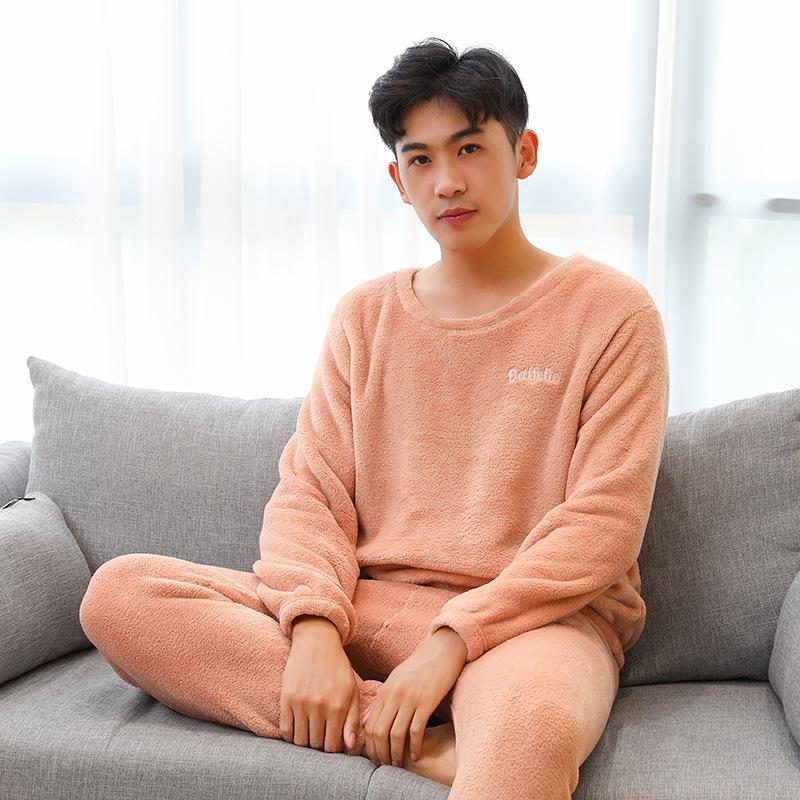 Women's Flannel Warm Home Sleepwear Sets Solid Color Round Neck Fleece Thick Pullover Lady Pajamas Long Sleeve Pants Casual 2Pcs