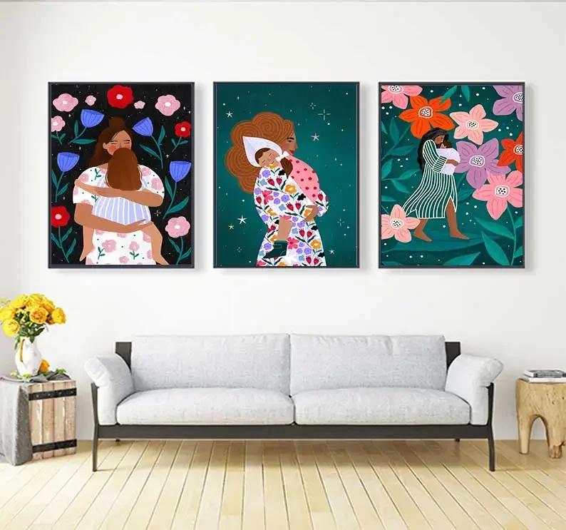 Young Mum Poster Maternal Love Floral Minimalist Wall Art Print Canvas Posters for Living Room Modern Home Decor