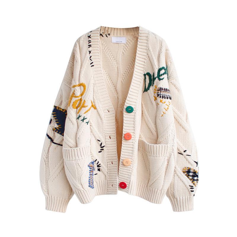 Autumn and Winter Women's Sweater Fashion Lazy Wind Embroidered Sweater Letter Design Loose Knitted Cardigan Jacket