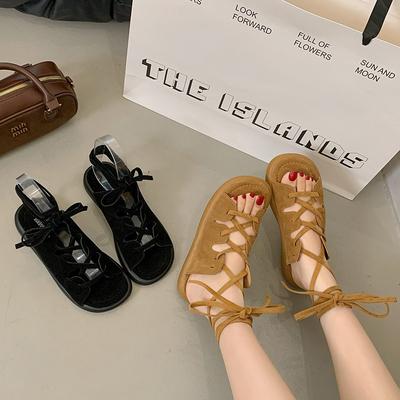 Версия из овчины~ 2025 новые французские ретро-стиль ремешок римские сандалии женская летняя обувь плоские повседневные пляжные туфли