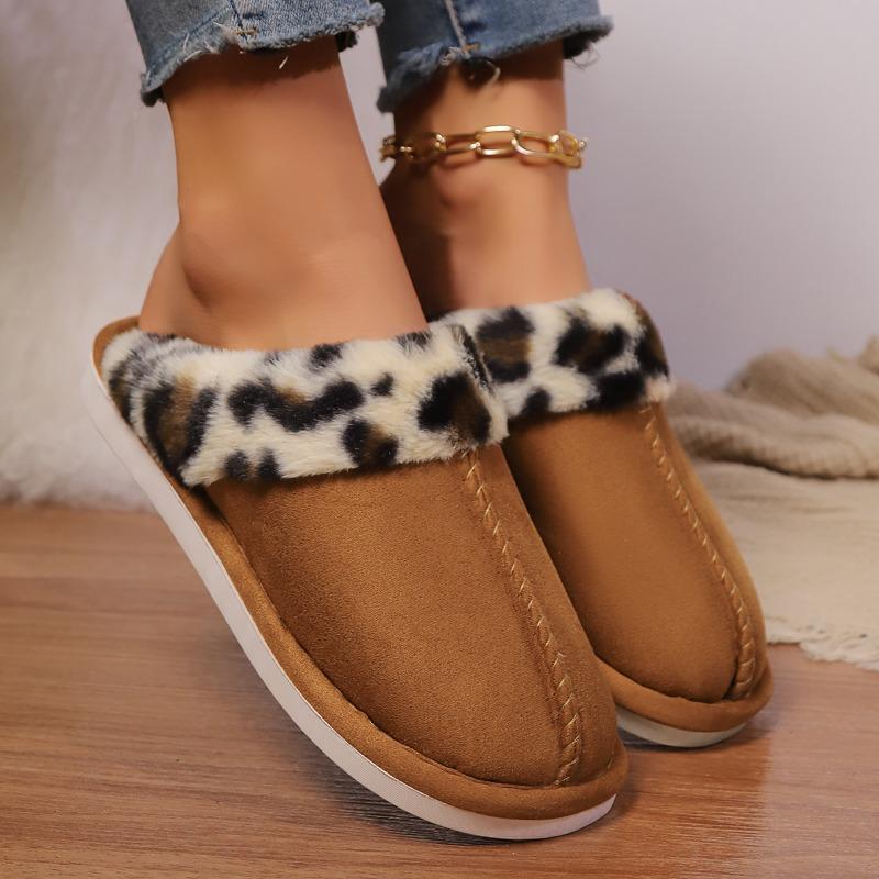 Модные леопардовые замшевые комбинированные хлопковые тапочки Зимние новые с круглым носком Глубокий вырез Противоскользящая износостойкая мягкая подошва Балетки