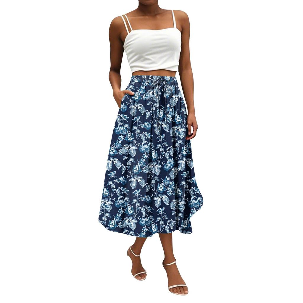 Women's Skirt Bohemian Flower Skirt Solid Color Casual Temperament With Pockets Skirt