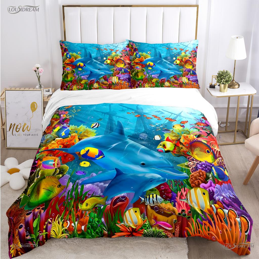 3D Ocean World Dolphin Whale Fish Duvet Cover Comforter Beding Set Soft Quilt Cover and Pillowcase for Single/Double/Queen/King