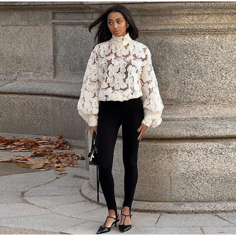High Neck Stereo Flower Shirt Lace Hollow Out Top Perspective Organza Long Sleeved Trendy French Blouse Smock Women