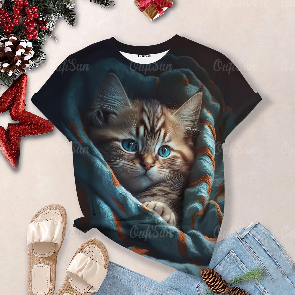 Футболки Overzise для женщин 2024, футболки с круглым вырезом и короткими рукавами с 3d принтом милого кота, топы, кавайные повседневные футболки, эстетические женские топы