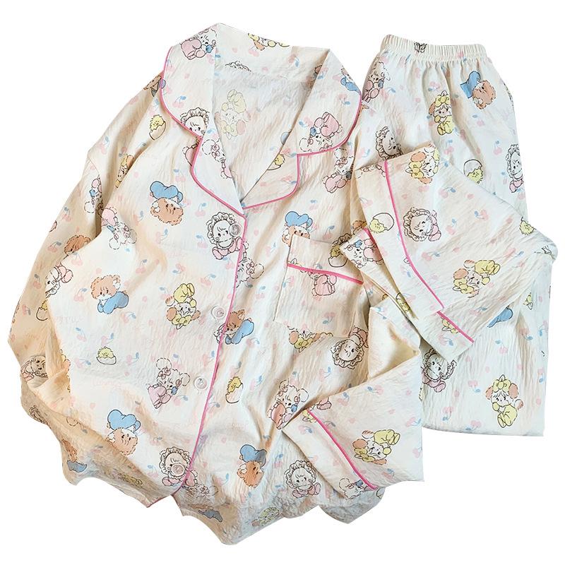 Милый пижамный комплект с принтом кота в японском стиле с длинными рукавами из хлопка для женщин - Весна/Осень