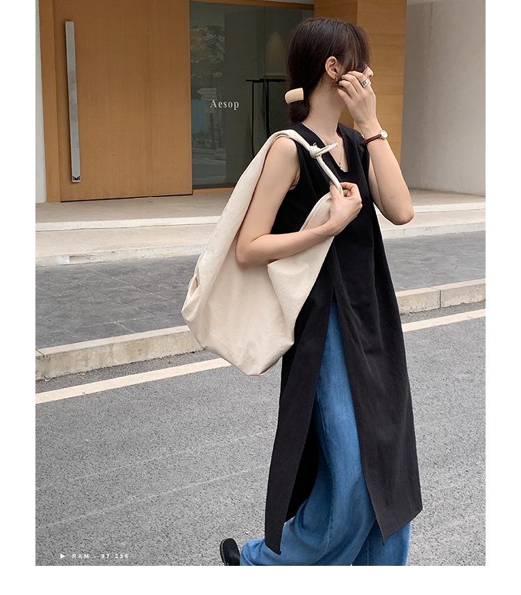 Летнее платье 2025 года без рукавов с V-образным вырезом из льняной хлопковой ткани, длиной ниже колена, для женщин - Однотонное, с простым разрезом