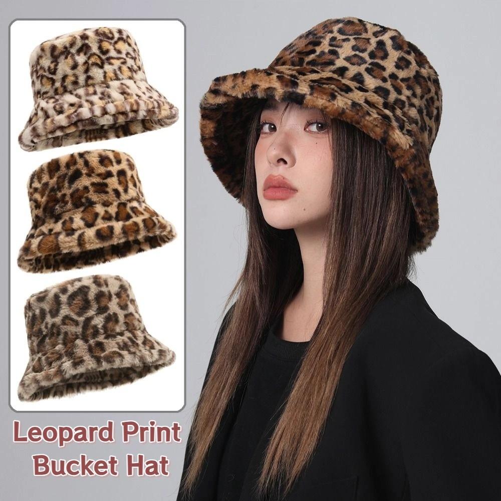 Korean Style Leopard Print Bucket Hat Windproof Thicken Winter Warm Hat Soft Trendy Women Plush Bucket Hat Autumn and Winter