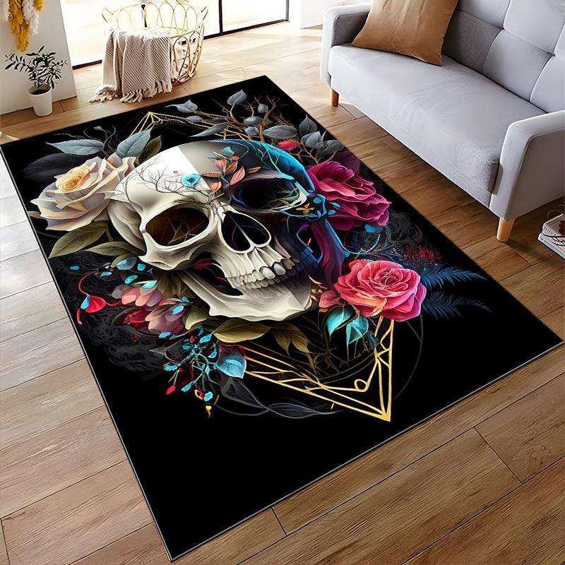 Skull and Floral Design Carpet with Roses and Abstract Elements Suitable for use as an anti-slip for living room bedroom sofas