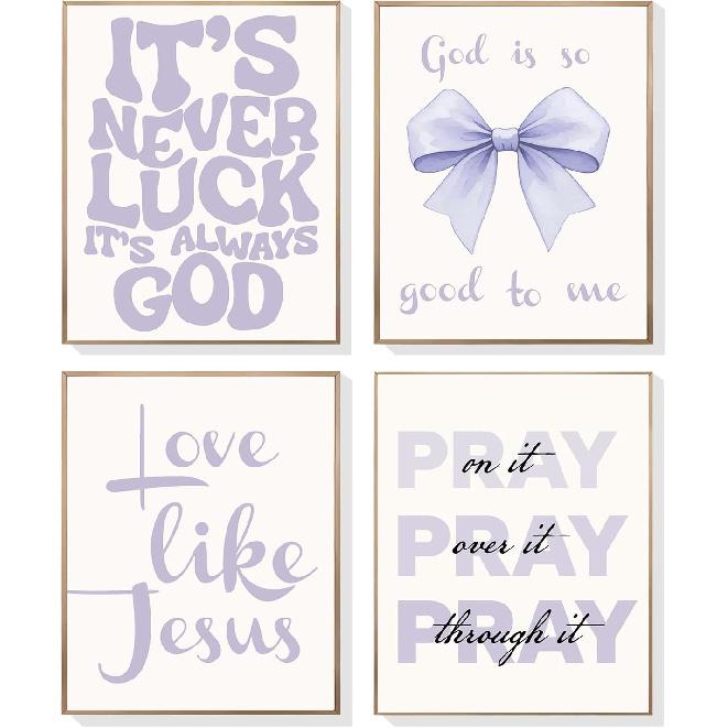 EVER-GOING TUNE Pink Girly Jesus Wall Decor Set of 4,pirational Bible Verses Bow Poster,pirational Bible Verses Bow Art Decor, for Girls Bedroom