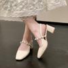 2024 New Women Sandals Satin  Square Heel Square Toe Buckle Strap Novelty Street Style British Style Pearl Belt Shoes for Women