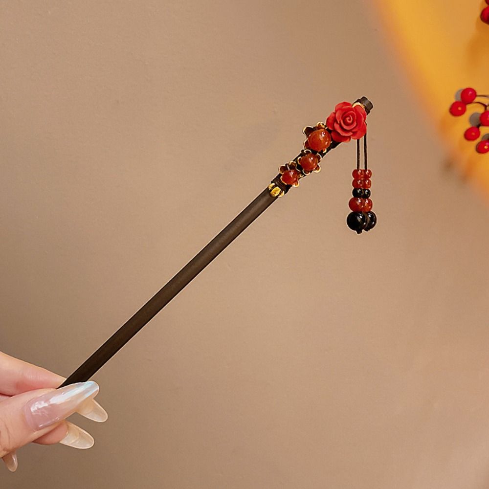 Flower Wooden Hair Stick Tassel Hanfu Hairpin Classical Cheongsam Accessories