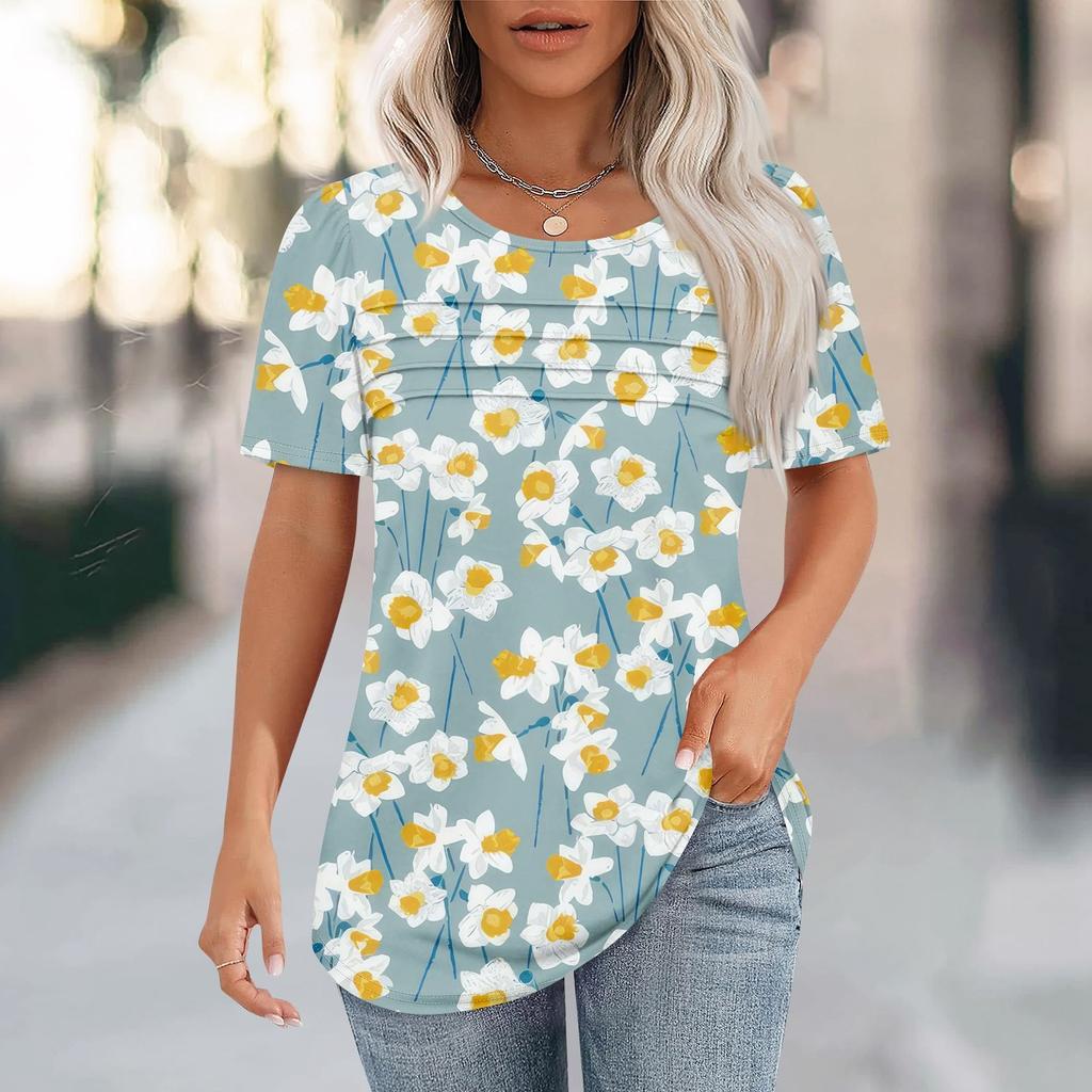 T Shirts For Women Pleated Round Neck Dressy Casual Blouses Printing Short Sleeve Summer Tops Loose Fit