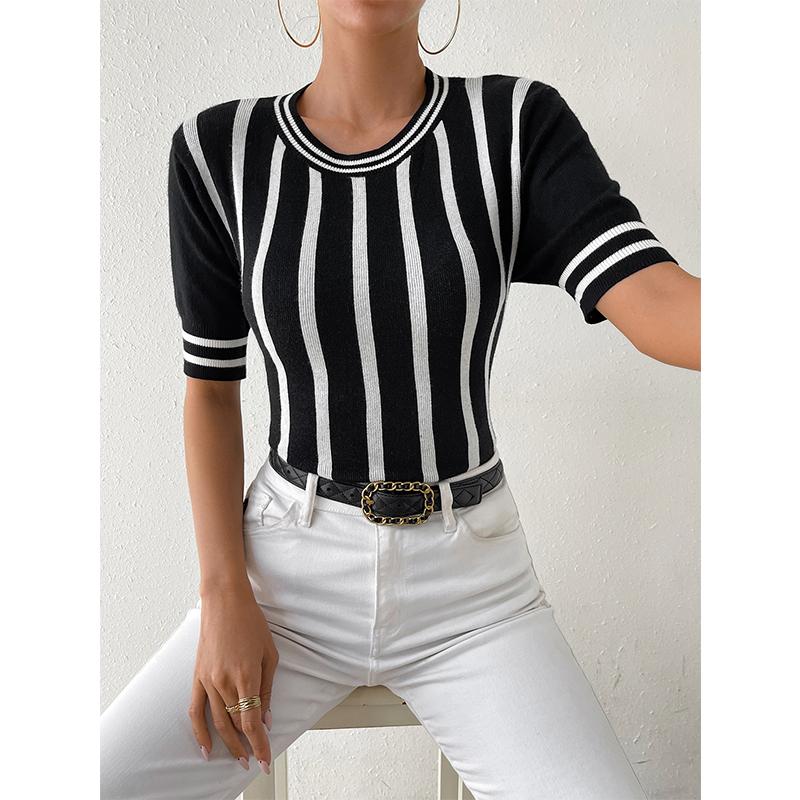 Весна-лето, новый женский полосатый модный топ с коротким рукавом, повседневный пуловер, женский трикотаж